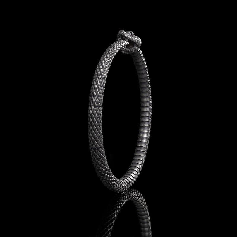 A black and white photograph of a metallic, snake-shaped ring standing upright on a reflective surface against a black background. The ring is formed by a coiled snake with its head biting its tail, creating an oval shape.