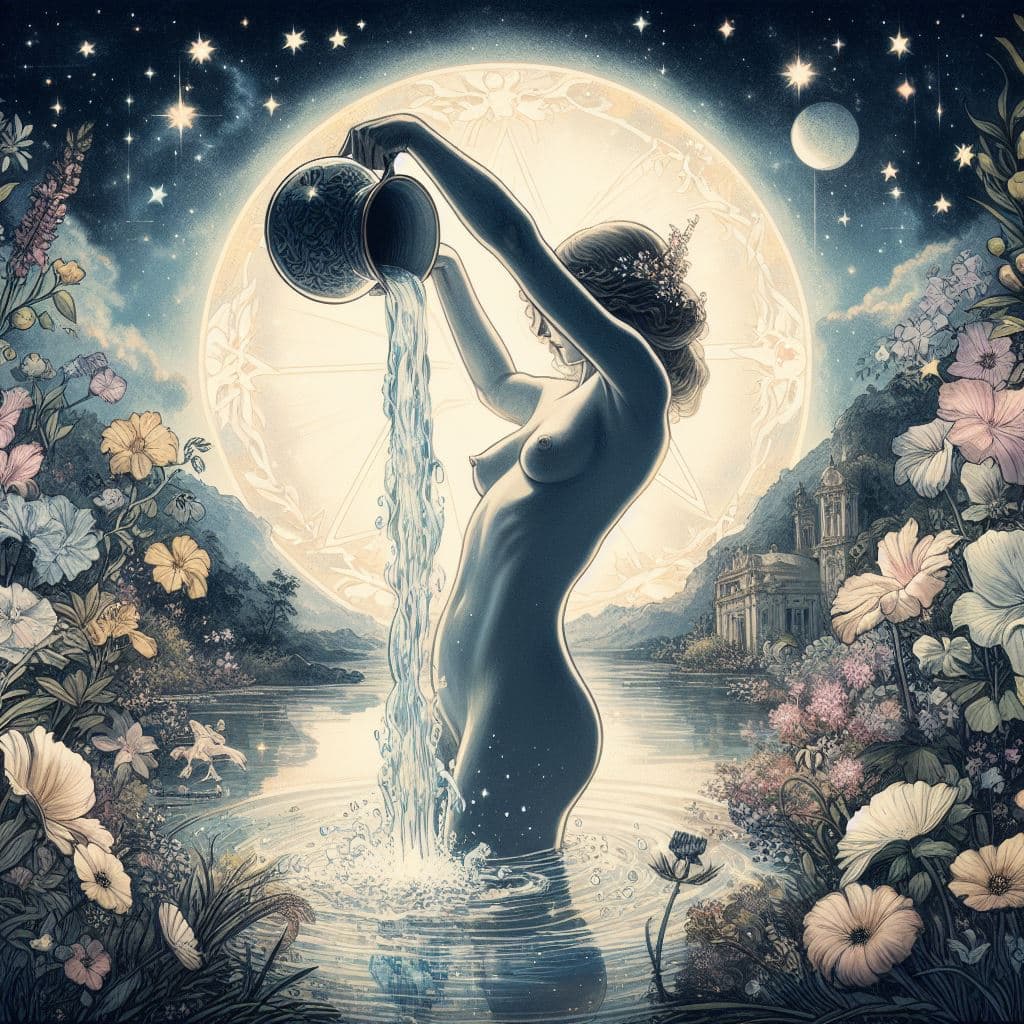 A surreal, fantasy-style illustration depicting a nude female figure standing in a body of water, pouring water from a large vessel. The scene is set against a backdrop of a large, glowing celestial body, a starry night sky, and lush, colorful floral landscapes on either side.