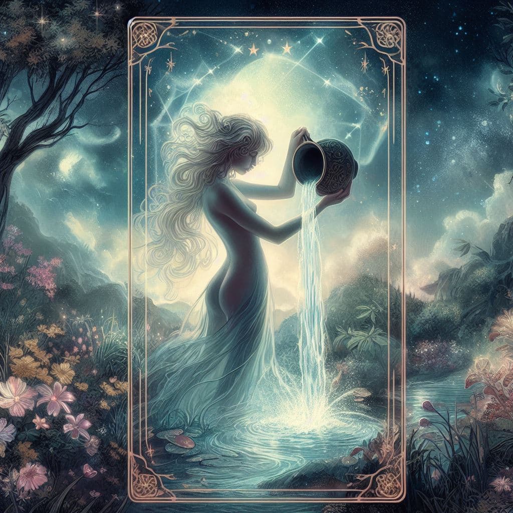A digital illustration styled as a tarot card, featuring a long-haired figure in a flowing dress pouring water from a dark vessel into a stream. The scene is set in a mystical, starlit forest with a large moon and constellations in the background, framed by an ornate border.