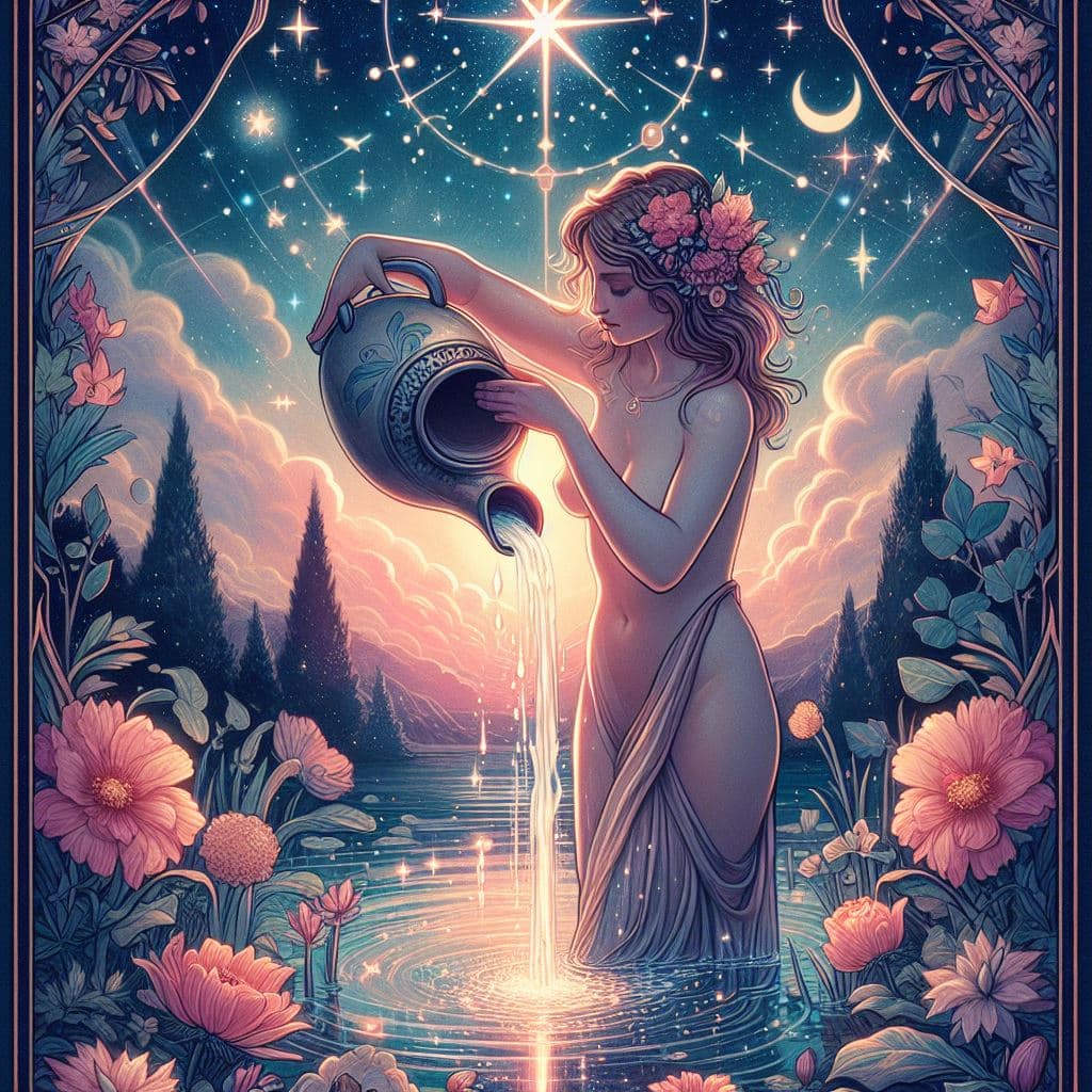 A digital illustration in the style of a tarot card depicting a woman with a floral crown pouring water from a ceramic jug into a body of water. The scene is set in a mystical landscape with a starry night sky, a crescent moon, and lush pink flowers surrounding the figure.