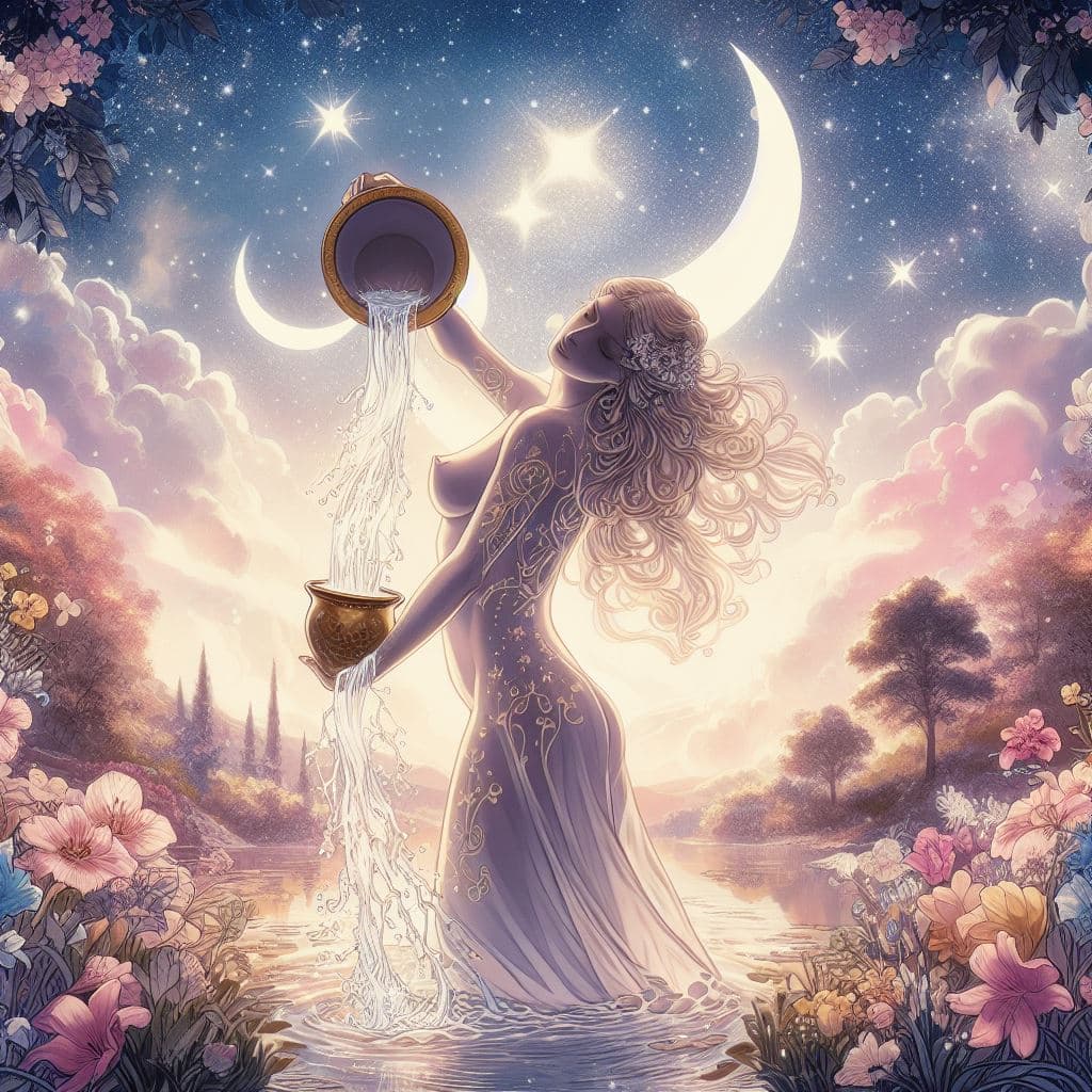 A fantasy-style digital illustration of a woman standing in a body of water, pouring water from a bowl into a cup. She is surrounded by a starry night sky with two crescent moons, clouds, and colorful flowers.