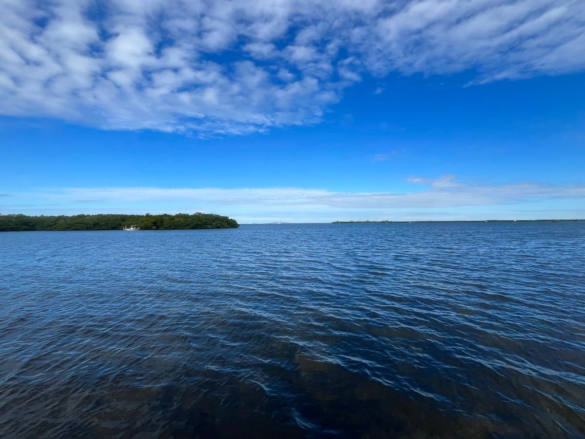 A wide landscape photograph showing a large body of water with a low, tree-covered island on the left and a distant shoreline on the right, under a bright blue sky with scattered clouds.