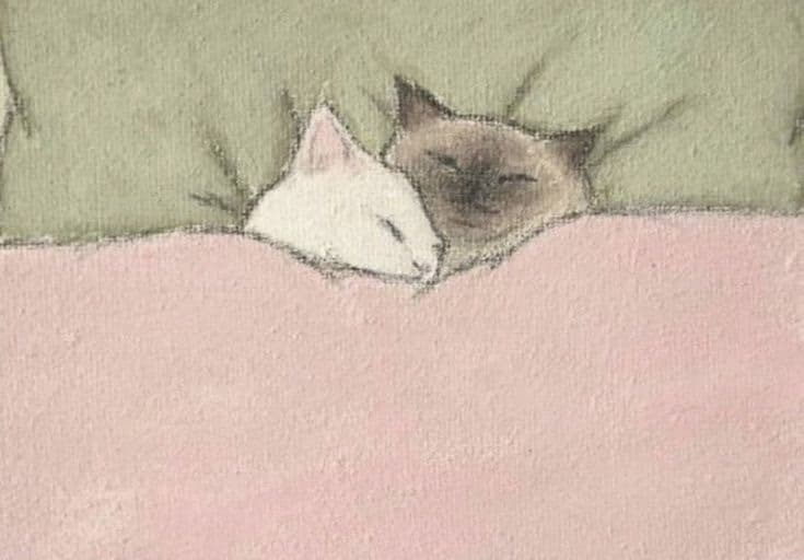 A soft, watercolor-style illustration of two cats resting their heads over the edge of a pink surface against a green background. The cat on the left is white, while the cat on the right is brown with a lighter muzzle.
