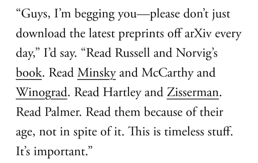 A text-only image displaying a quote attributed to Fei-Fei Li, presented in a serif font on a white background. The quote advises readers to study foundational AI literature rather than just downloading the latest preprints.