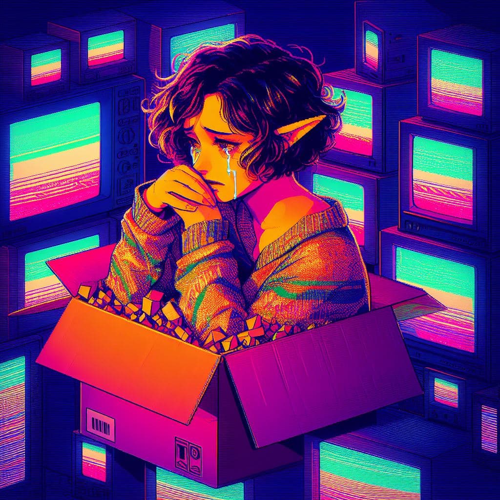 A digital illustration in a vibrant, neon cyberpunk style depicting a crying, elf-eared figure sitting inside a cardboard box. The figure is surrounded by a wall of stacked, vintage television sets displaying static.