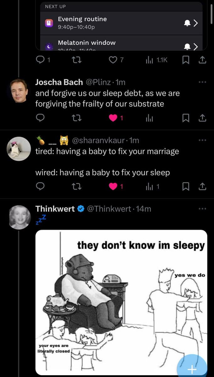 A screenshot of a Twitter conversation featuring a meme about sleep deprivation. The meme depicts a cartoon bear sleeping at a desk while a couple argues, with text reading 'they don't know im sleepy' and 'your eyes are literally closed.'