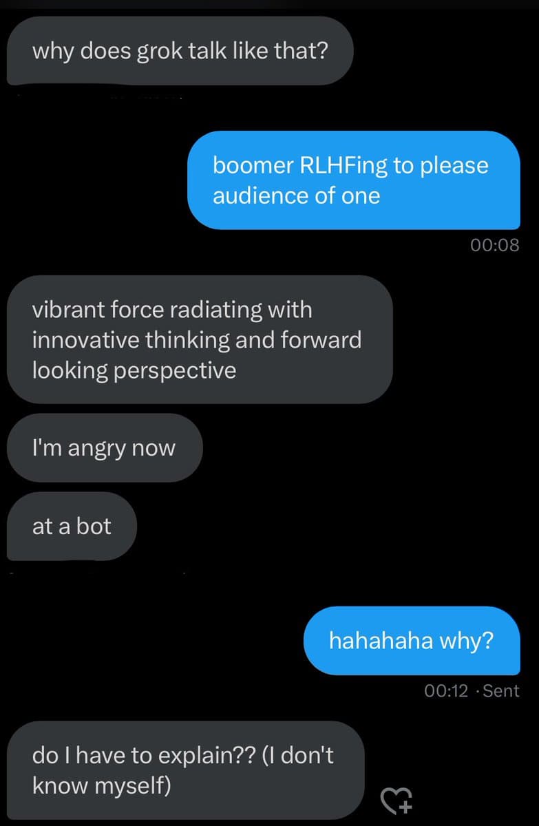 A screenshot of a text message conversation between two people discussing the AI chatbot Grok. The exchange is humorous, with one person mocking Grok's overly formal language and the other reacting with amusement and frustration.