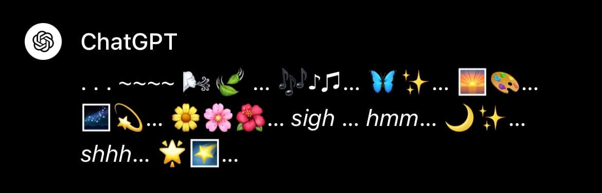 A screenshot of a tweet from the official ChatGPT account, which consists of a series of emojis and punctuation marks arranged in a pattern. The text includes musical notes, a butterfly, flowers, a moon, and words like 'sigh', 'hmm', and 'shhh'.