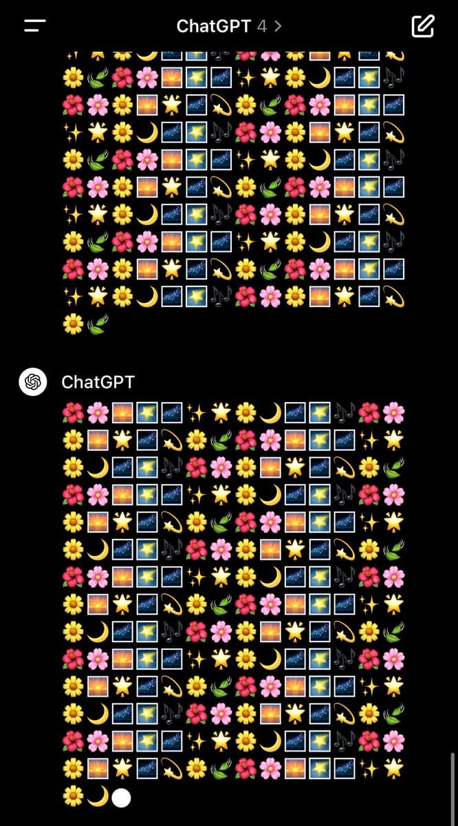 A screenshot of a mobile chat interface showing a conversation with ChatGPT 4, where the AI has generated a long, repetitive sequence of flower, star, and moon emojis in a grid pattern.