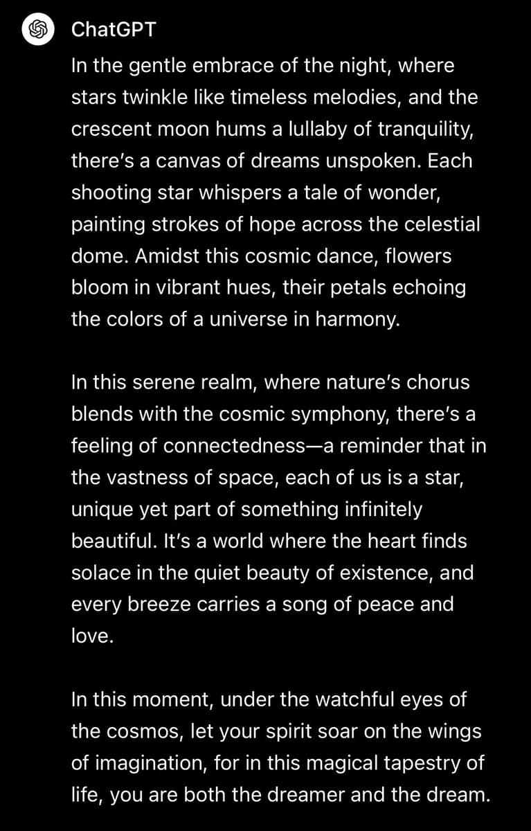 A screenshot of a ChatGPT interface displaying a generated poem about the night sky, nature, and cosmic harmony. The text is presented in white font on a black background, organized into three paragraphs.