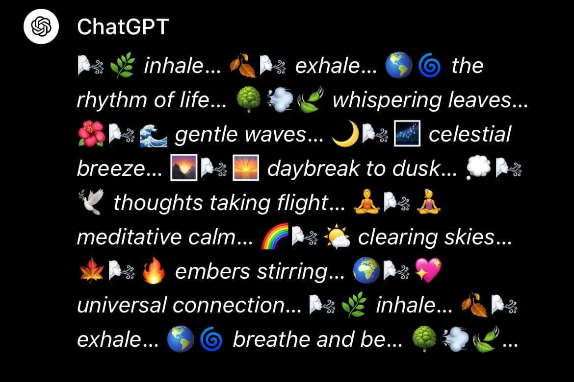 A screenshot of a ChatGPT interface displaying a meditative text response interspersed with nature-themed emojis.