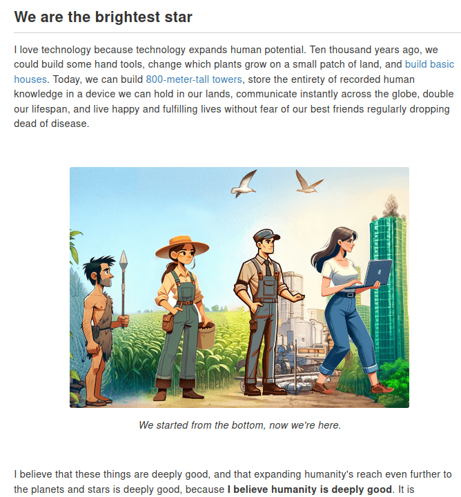 A screenshot of a blog post or article titled "We are the brightest star," featuring a paragraph of text, a central illustration, and a concluding paragraph. The illustration depicts four figures representing different eras of human development, from a caveman to a modern person with a laptop, set against a backdrop of evolving technology and architecture. Below the illustration is the caption: "We started from the bottom, now we're here."
