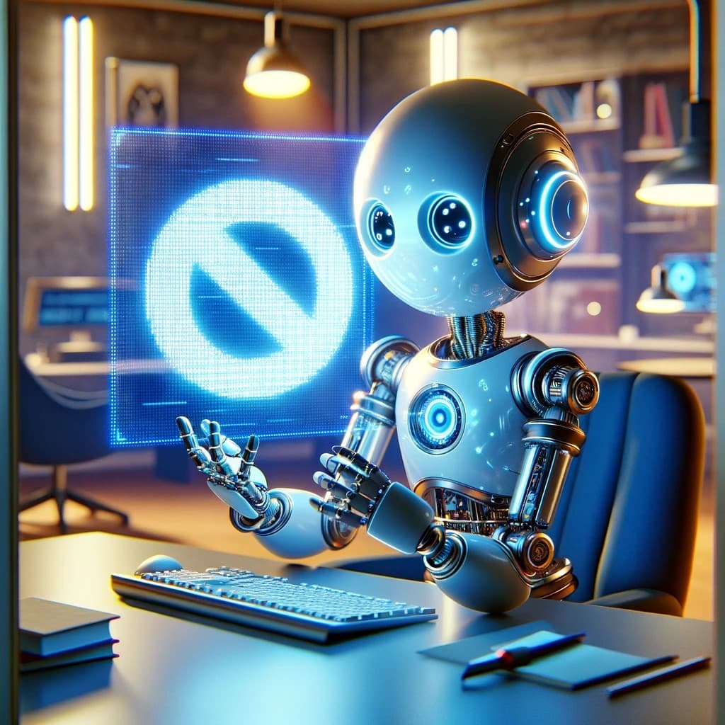 A digital illustration of a small, white humanoid robot sitting at a desk in a dimly lit room, gesturing toward a large blue screen displaying a prohibition symbol. The scene includes a keyboard, mouse, and books on the desk, with bookshelves and hanging lights in the background.