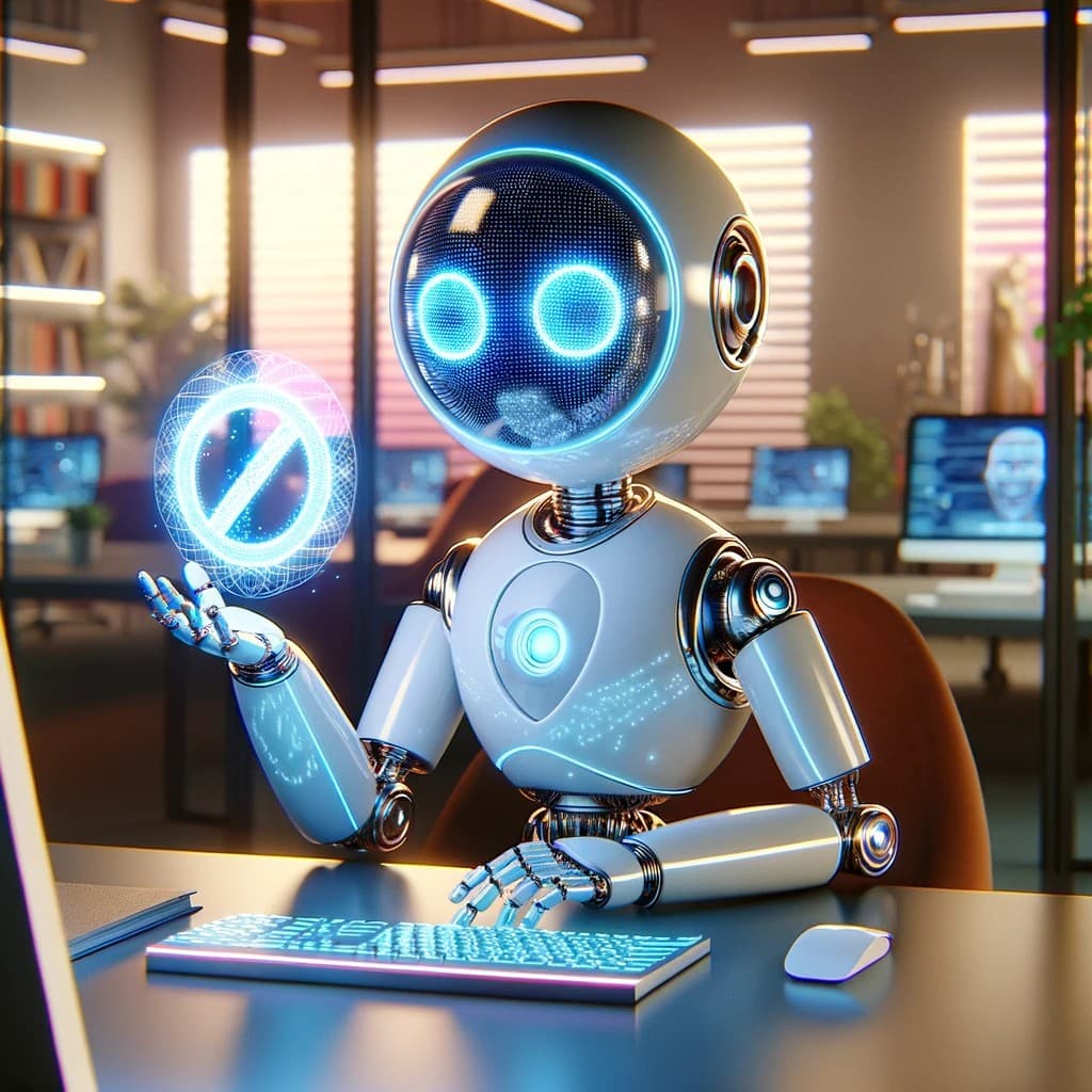 A 3D-rendered image of a white, spherical-headed robot sitting at a desk in an office, typing on a glowing keyboard. The robot holds up a holographic 'no entry' or 'forbidden' symbol with its right hand. In the background, there are office desks, computers, and bookshelves.