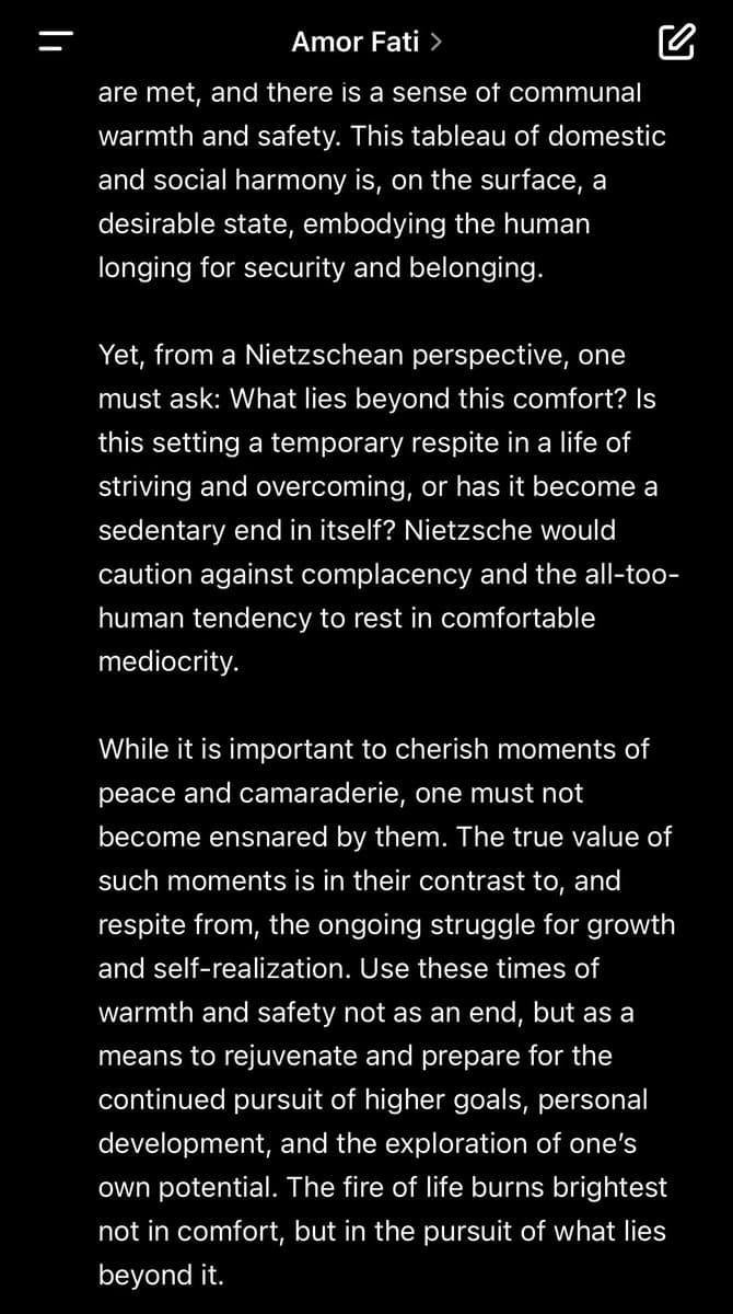 A screenshot of a text-based social media post or article titled 'Amor Fati' on a dark background. The text discusses a Nietzschean perspective on comfort, contentment, and the pursuit of self-realization.