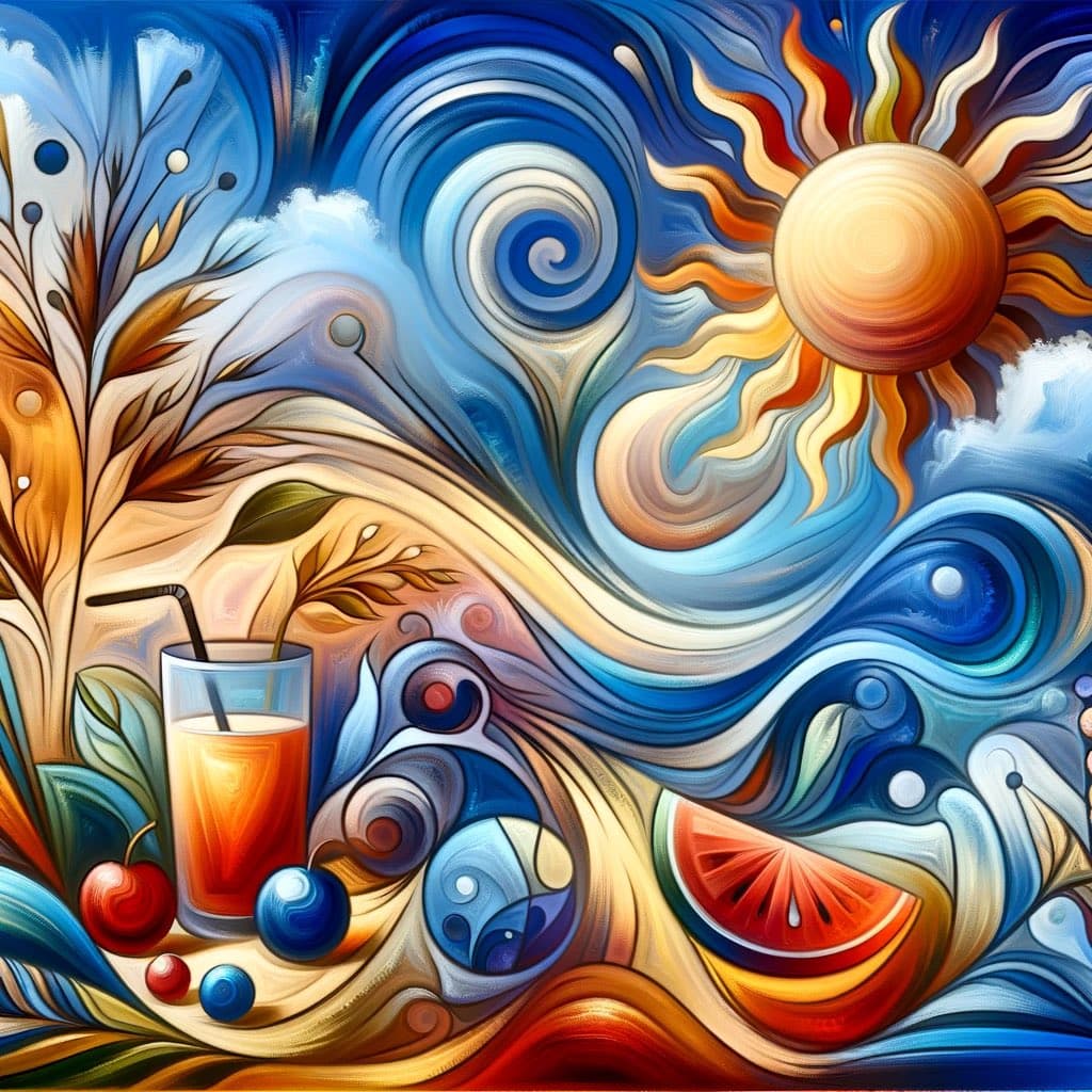 A vibrant, abstract digital painting featuring swirling blue and orange patterns, a stylized sun, a glass of orange juice with a straw, and a slice of watermelon.