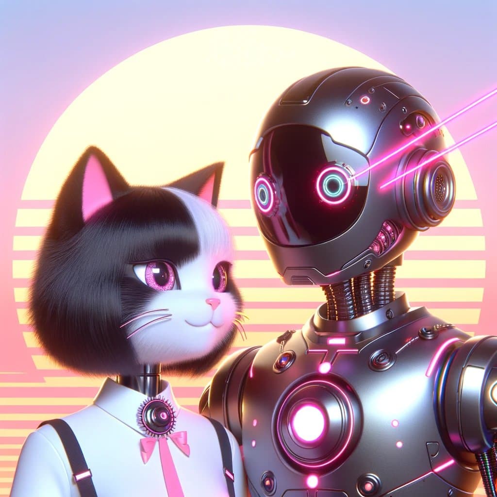 A 3D-rendered digital illustration featuring a black-and-white cat with a robotic neck and a humanoid robot, set against a retro-futuristic background with a large sun and horizontal stripes. The cat wears a white shirt with a pink tie and a mechanical collar, while the robot has a glossy black head with glowing pink and blue eyes and a metallic body with neon accents. The scene is illuminated with vibrant pink and purple lighting.