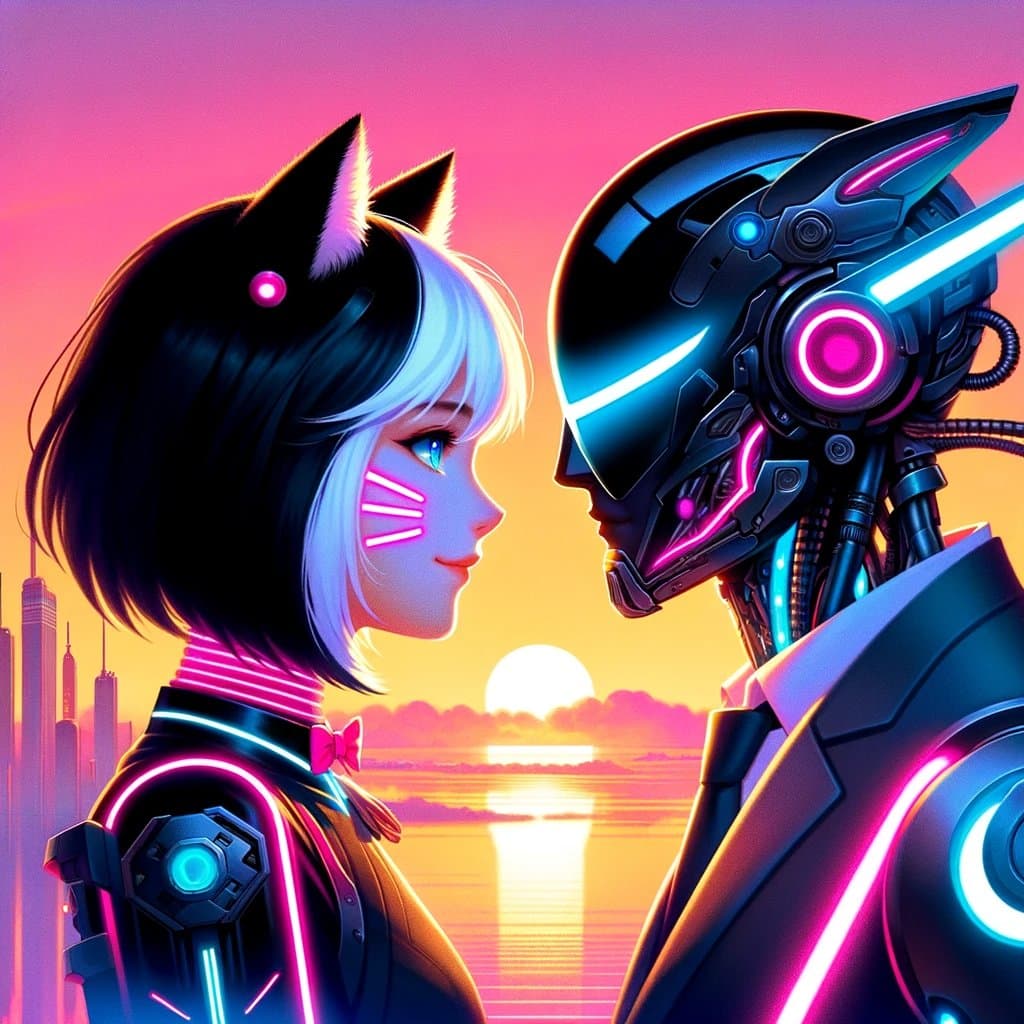 A digital illustration in a cyberpunk style featuring a profile view of a young woman with cat ears and a robotic cat companion facing each other. The background shows a vibrant sunset over a city skyline and water.