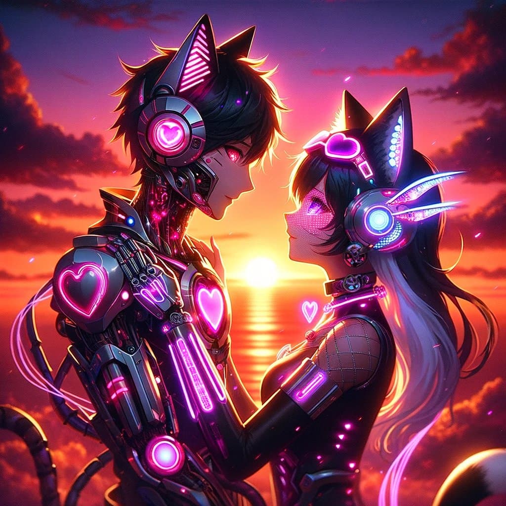 A digital illustration of two stylized, cybernetic figures with cat ears and glowing pink accents facing each other against a vibrant sunset. The figure on the left has a robotic body with heart-shaped lights, while the figure on the right has a more human-like appearance with a fishnet top and a glowing heart on their headband.