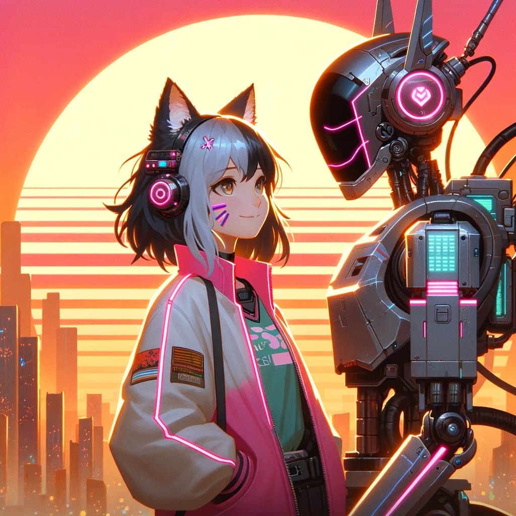 A digital illustration in a cyberpunk anime style featuring a girl with cat ears and headphones standing next to a large, glowing robot against a sunset cityscape. The girl wears a white and pink jacket with neon accents, while the robot has a dark metallic body with pink and green lights. The background shows a large sun and a futuristic city skyline.