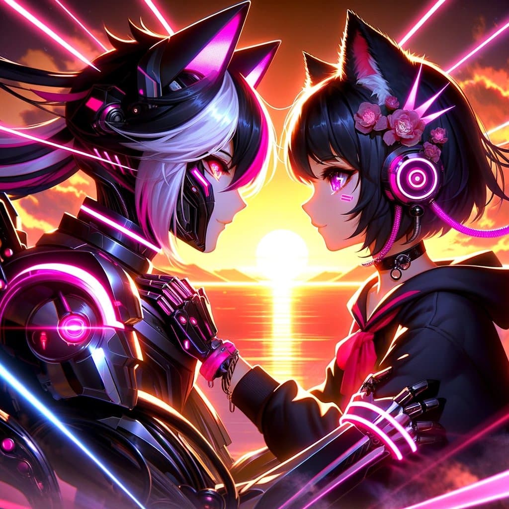 A digital illustration of two anime-style characters with cat ears facing each other against a sunset background. The character on the left has a mechanical, cyberpunk appearance with glowing pink accents, while the character on the right wears a black outfit with a red ribbon and headphones. They are holding hands in a romantic pose.