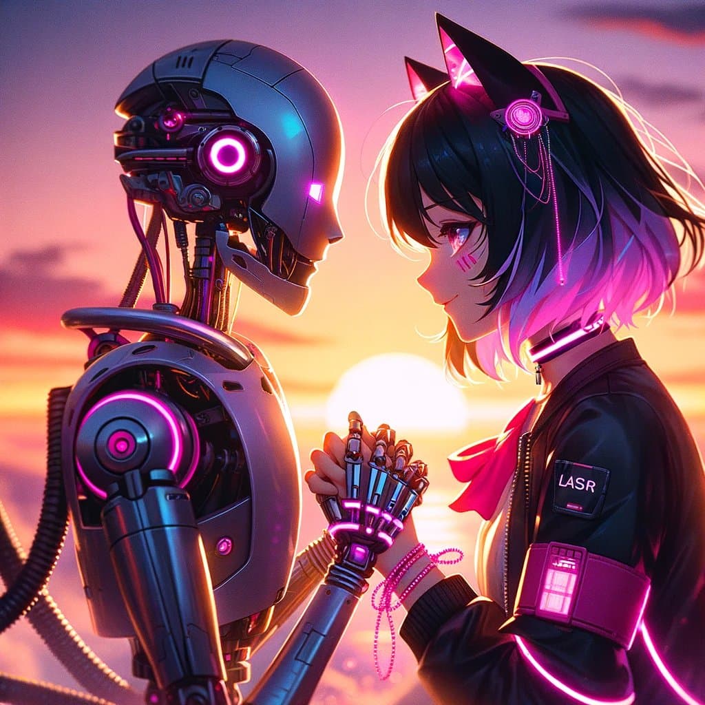 A digital illustration in an anime style depicts a humanoid robot and a young woman with cat ears holding hands against a sunset background. The robot has a metallic body with glowing pink accents, while the woman wears a black jacket with a patch reading 'LASR'.