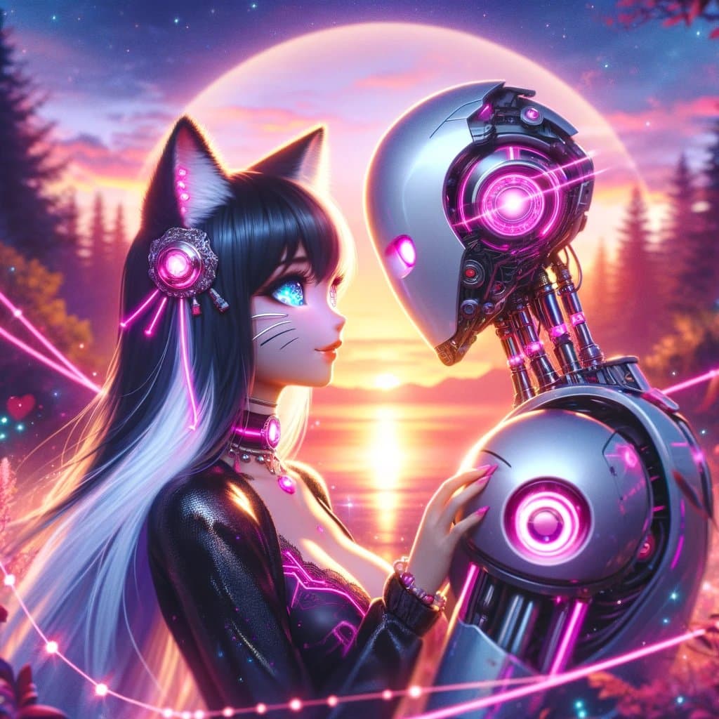 A digital illustration depicting a woman with cat ears and a humanoid robot facing each other in a romantic pose against a sunset backdrop. The scene is illuminated by vibrant pink neon lights and features a large moon in the sky.
