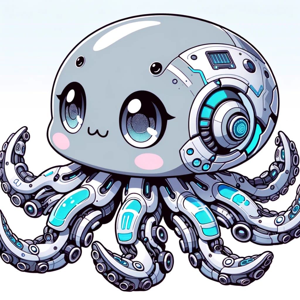 A digital illustration of a cute, chibi-style robot octopus with a large, round gray head, big blue eyes, and pink blush marks on its cheeks. The character has multiple mechanical tentacles with glowing blue accents and a complex mechanical ear piece on the side of its head. The image is set against a plain white background.