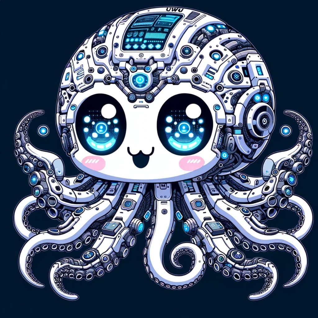 A digital illustration of a cute, spherical robot with a white face, large glowing blue eyes, and pink blush marks, featuring multiple mechanical tentacles and a complex, panel-covered body.