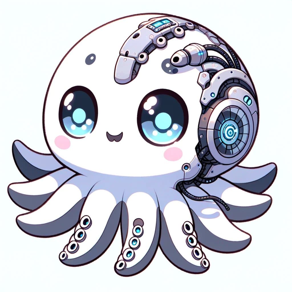 A digital illustration of a cute, white, octopus-like creature with large blue eyes and pink cheeks. The right side of its head and some of its tentacles are replaced with intricate silver and blue mechanical cybernetic parts, giving it a 'cyborg' appearance.
