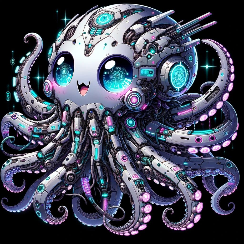 A digital illustration of a cute, spherical robot with large, glowing blue eyes and a smiling mouth, featuring multiple mechanical tentacles with neon pink and cyan lights against a black background. The image is a piece of digital art rather than a text-bearing document.