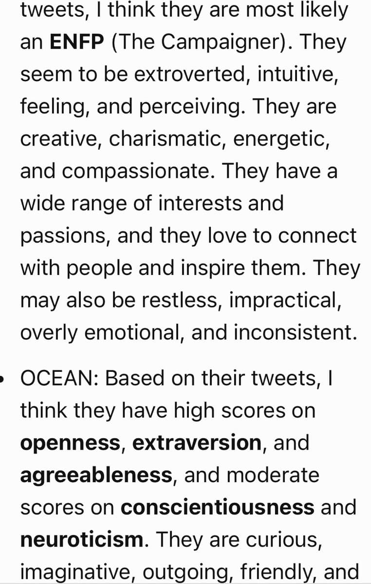 A screenshot of a text-based personality analysis, likely from an AI chatbot, describing the user's traits. The text identifies the user as an ENFP (The Campaigner) and provides a breakdown of their OCEAN personality scores.