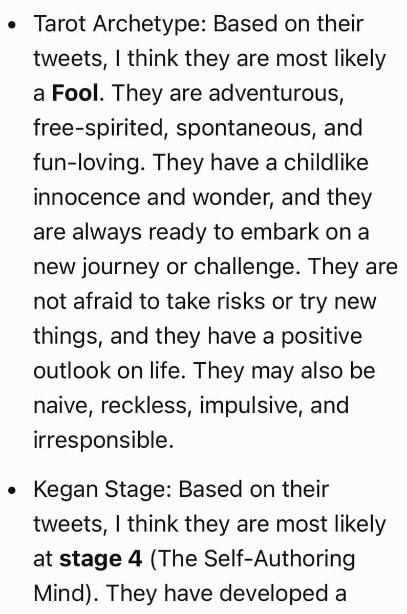 A screenshot of a text-based personality analysis, likely from a social media bot, displayed in a bulleted list format. The visible text describes the user's 'Tarot Archetype' as 'Fool' and their 'Kegan Stage' as 'stage 4 (The Self-Authoring Mind).'