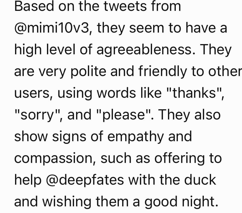 A screenshot of a text-based analysis or AI-generated summary about a user's personality based on their tweets. The text is displayed in black font on a white background.