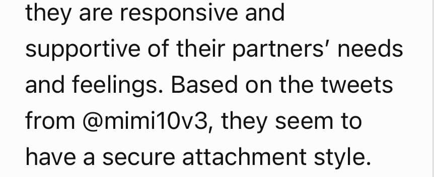 A screenshot of a text excerpt on a white background, likely from a social media post or article, discussing attachment styles based on a user's tweets.