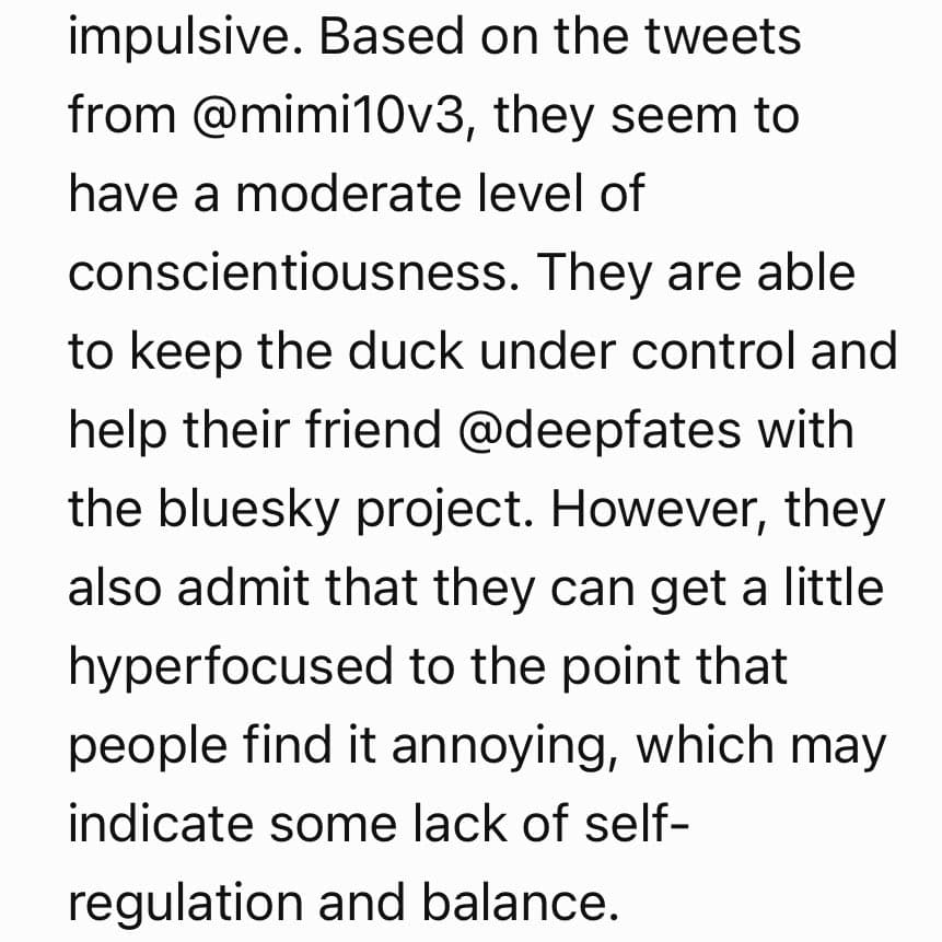 A screenshot of a text excerpt analyzing a user's personality traits based on their tweets. The text discusses the user's conscientiousness, their ability to manage a duck, and their tendency toward hyperfocus.