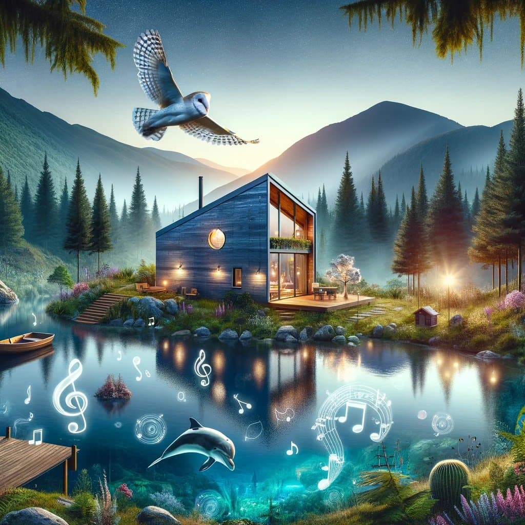 A digital illustration of a modern A-frame cabin with warm interior lighting, situated on the shore of a calm lake surrounded by pine trees and mountains. A large owl flies in the sky above the house, while a dolphin and glowing musical notes appear in the water below.
