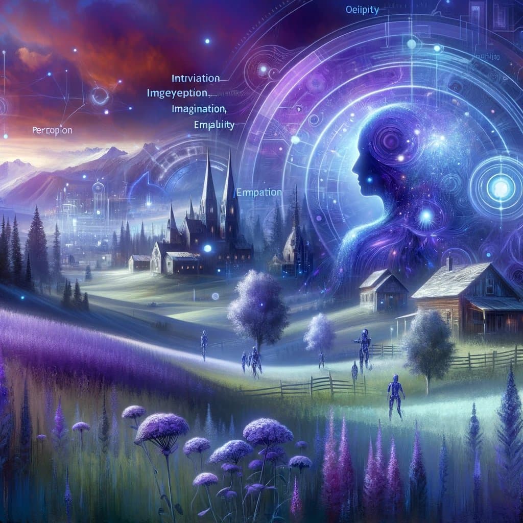 A digital fantasy illustration depicting a glowing, translucent human head filled with cosmic patterns and circuitry, set against a twilight landscape with a village, mountains, and purple flowers. Several small, glowing humanoid figures walk through the misty field. The image is overlaid with various text labels pointing to different parts of the scene.