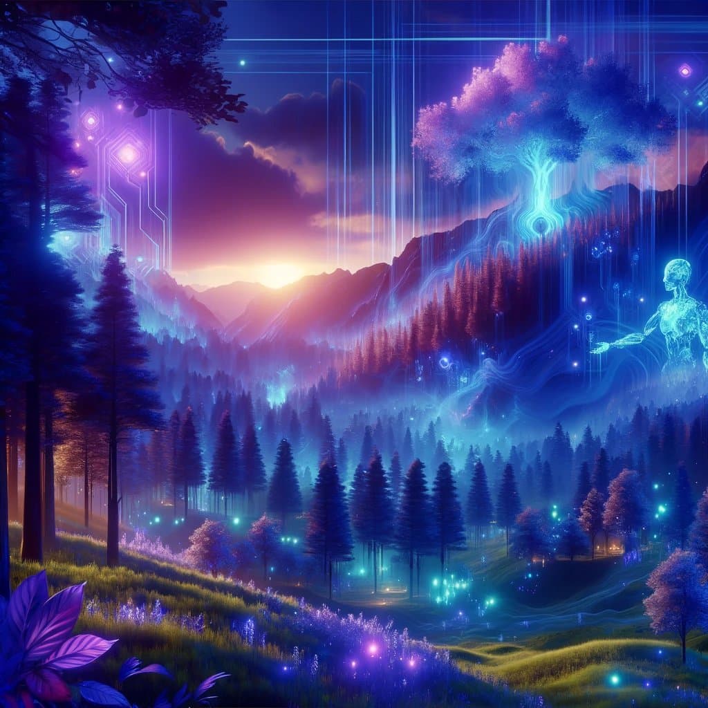 A digital fantasy landscape featuring a forested valley at sunset, overlaid with glowing blue circuit lines, a holographic humanoid figure, and a luminous tree. The scene blends natural elements with futuristic, cybernetic aesthetics in vibrant purple and blue tones.