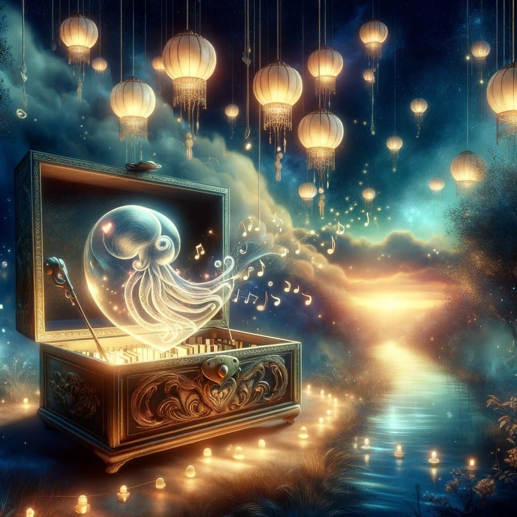 A fantasy digital illustration depicting a glowing, translucent octopus emerging from an ornate, open music box, with musical notes floating into a night sky filled with hanging lanterns and a path of lights leading to a sunset.