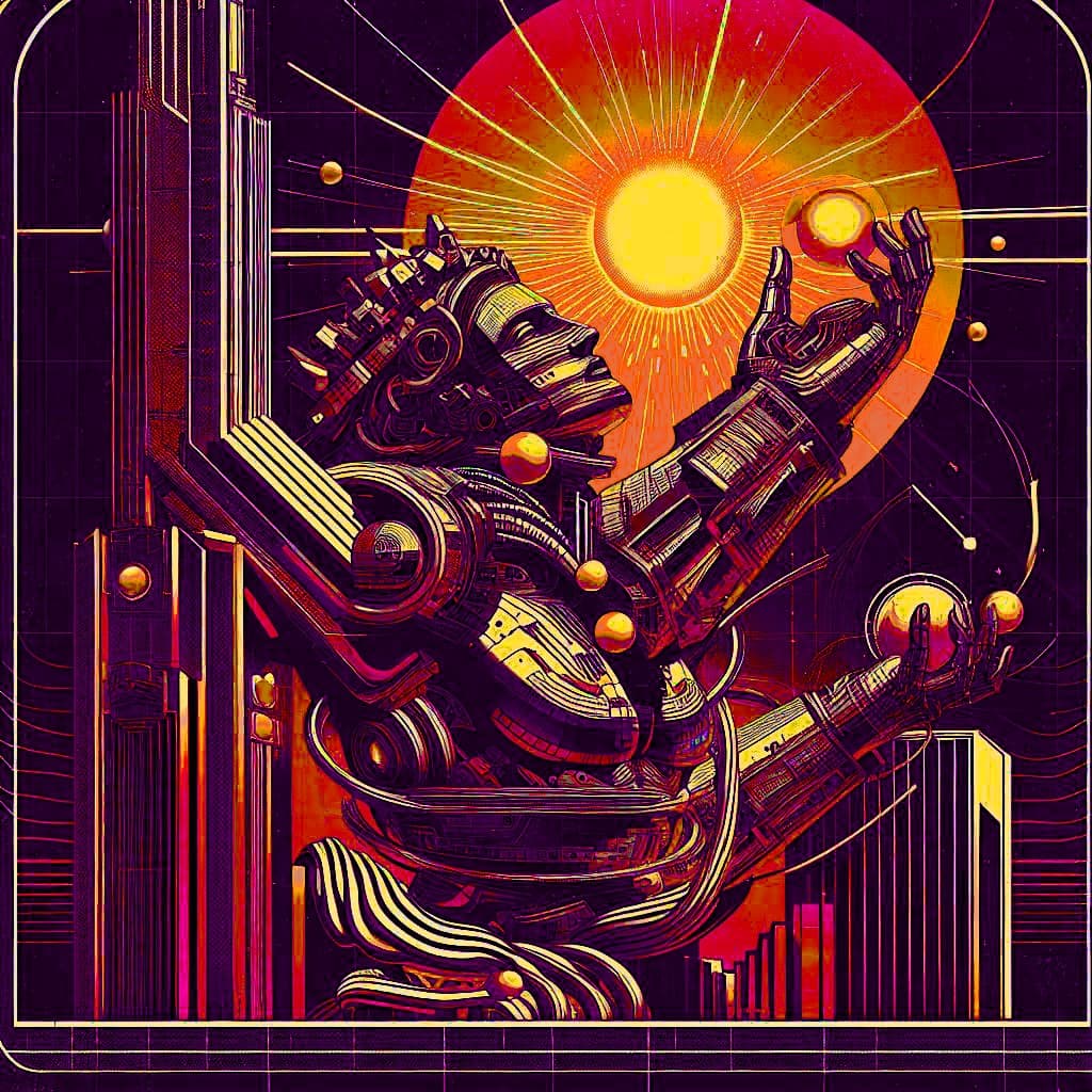 A stylized digital illustration in a retro-futuristic, Art Deco style depicting a mechanical figure with outstretched hands reaching toward a large, radiant sun. The image features a vibrant color palette of deep purples, reds, and golds, with intricate geometric patterns and a grid background.