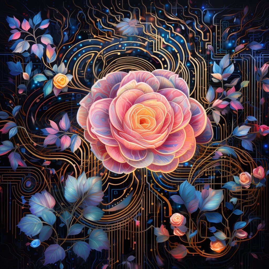 A digital illustration featuring a large, glowing pink and orange rose at the center, surrounded by smaller blue and pink flowers and leaves. The background consists of intricate, glowing golden circuit board patterns on a dark blue and black backdrop, creating a cyberpunk or tech-nature aesthetic.