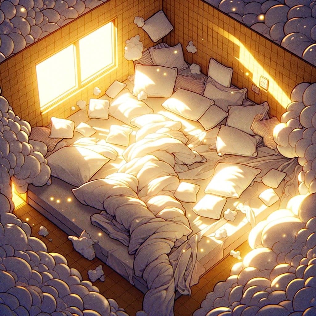 A digital illustration of a cozy, sunlit room with a large bed covered in pillows and blankets, surrounded by padded bubble-like walls. The scene is bathed in warm golden light streaming through a window, creating a soft and inviting atmosphere. The room features a grid-patterned floor and walls, with scattered pillows and a fluffy, cloud-like texture on the surrounding surfaces.