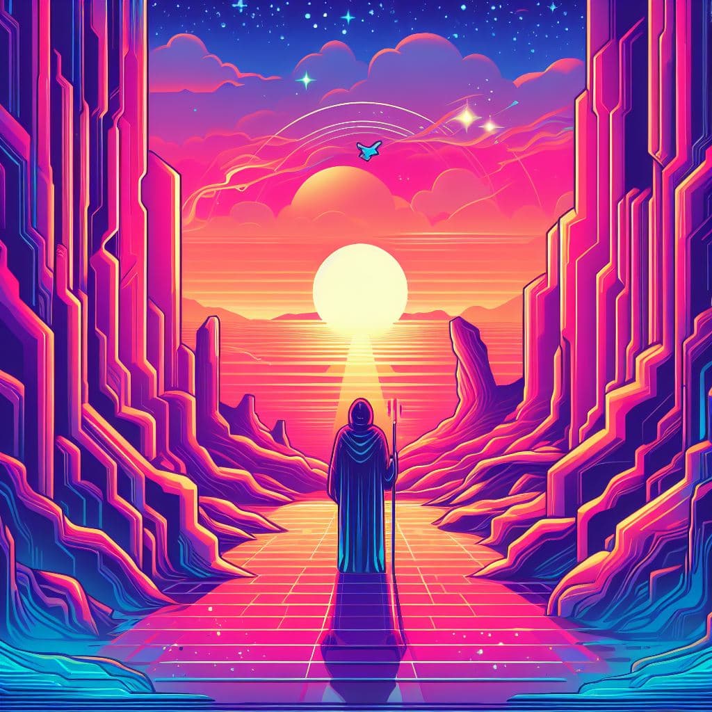 A vibrant, retro-futuristic digital illustration depicts a hooded figure standing on a grid-patterned path between towering, neon-colored rock formations. The figure faces a large, glowing sun on the horizon, with a starry sky and a small bird visible above.