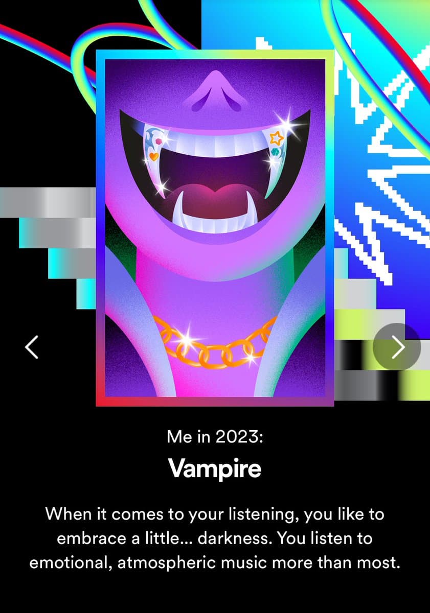 A Spotify Wrapped 2023 card featuring a cartoon illustration of a purple vampire with a wide, toothy grin, fangs, and a gold chain necklace. Below the image, text identifies the user's listening persona as a 'Vampire' and describes their preference for emotional, atmospheric music.