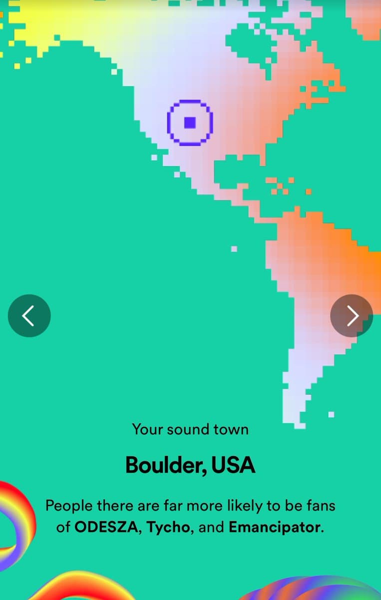 A Spotify Wrapped graphic showing a pixelated world map with a location marker over the United States. Below the map, text identifies the user's 'sound town' as Boulder, USA, and notes that people there are likely fans of ODESZA, Tycho, and Emancipator.