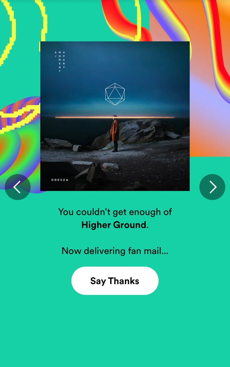 A screenshot of a Spotify Wrapped summary card featuring the album art for 'A Moment Apart' by Odesza. The card highlights the song 'Higher Ground' and includes a 'Say Thanks' button.