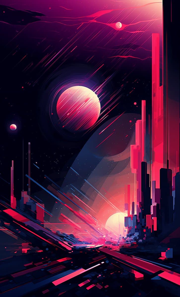 A digital artwork depicting a futuristic, neon-lit cityscape with towering skyscrapers under a dark, starry sky. A large, glowing planet with rings and a smaller moon are visible in the background, while streaks of light suggest motion or energy across the scene.