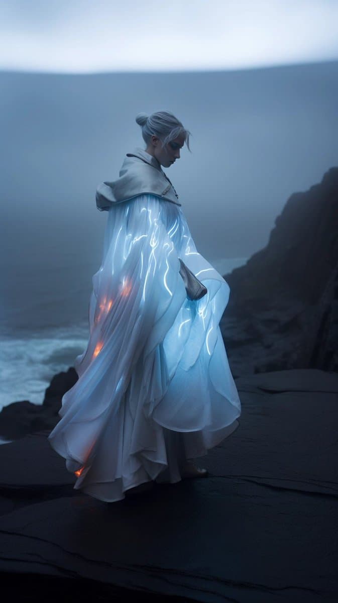 A digital artwork depicting a figure with white hair in a flowing, glowing white and blue robe standing on a dark, rocky cliffside overlooking a misty ocean.
