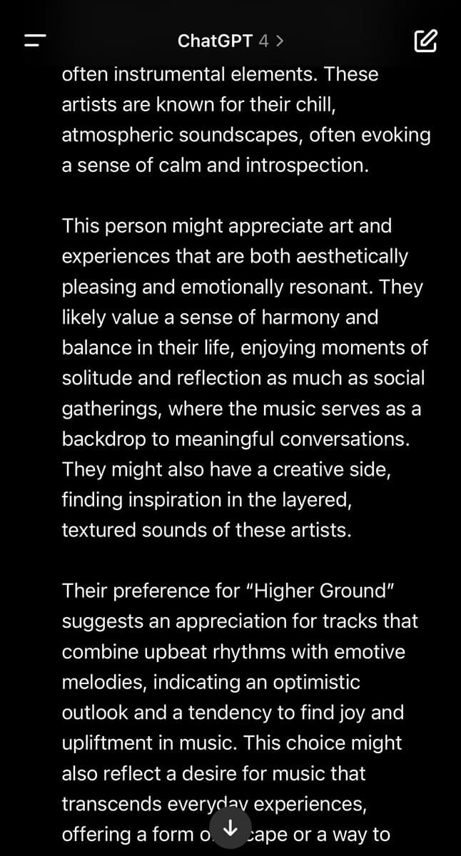 A screenshot of a ChatGPT 4 conversation showing a text response about a person's music preferences. The text describes the user as someone who enjoys chill, atmospheric soundscapes, values harmony and balance, and appreciates the song 'Higher Ground' for its upbeat rhythms and emotive melodies.